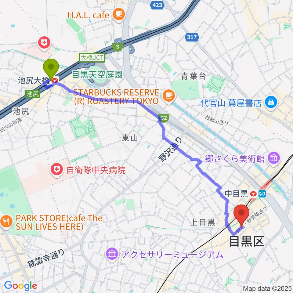 池尻大橋駅から中目黒 楽屋へのルートマップ地図