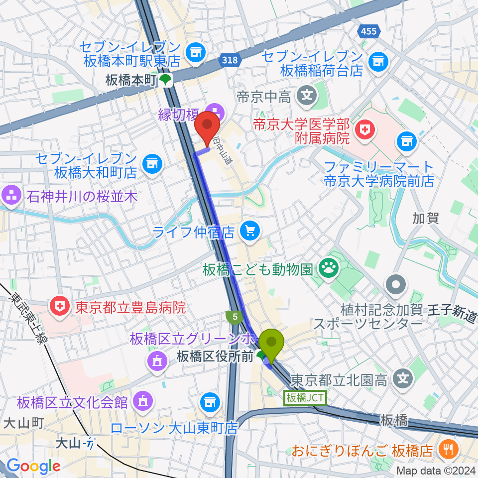 板橋区役所前駅からアルス音楽院へのルートマップ地図