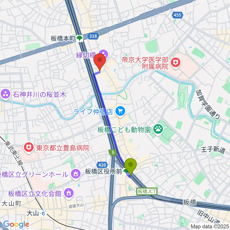 板橋区役所前駅からアルス音楽院へのルートマップ地図
