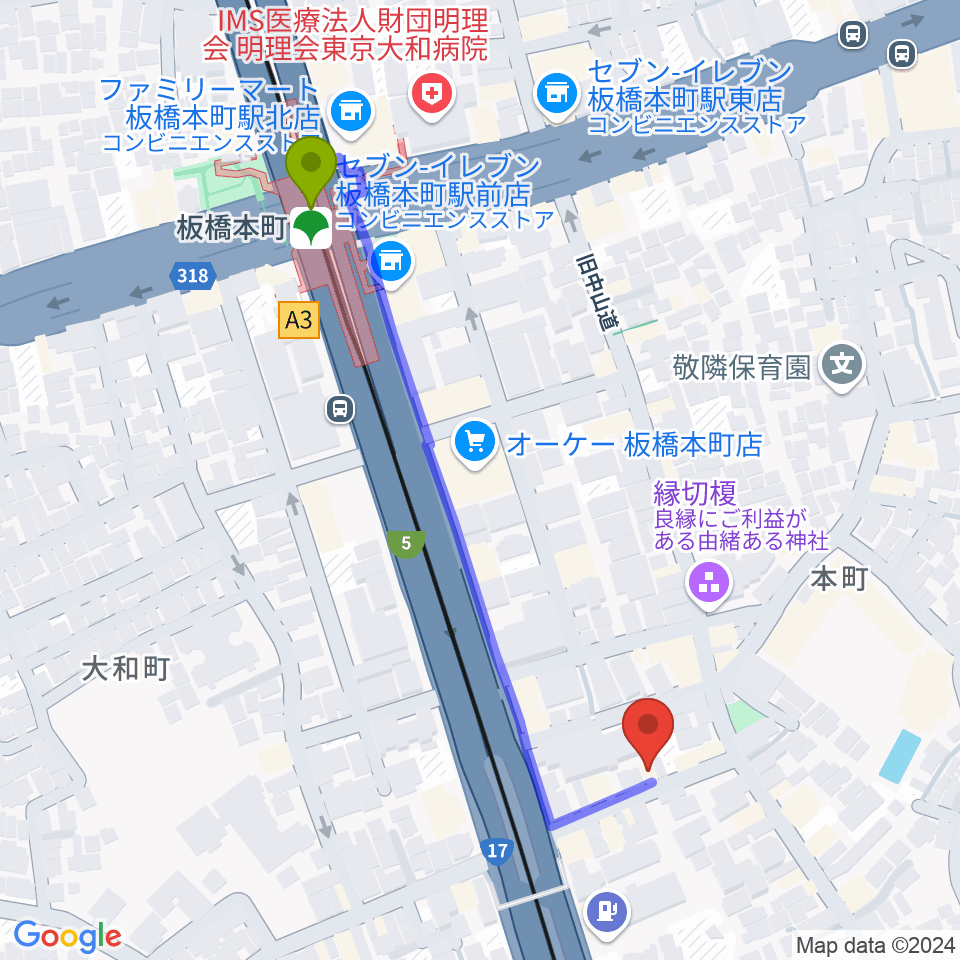 アルス音楽院の最寄駅板橋本町駅からの徒歩ルート（約5分）地図