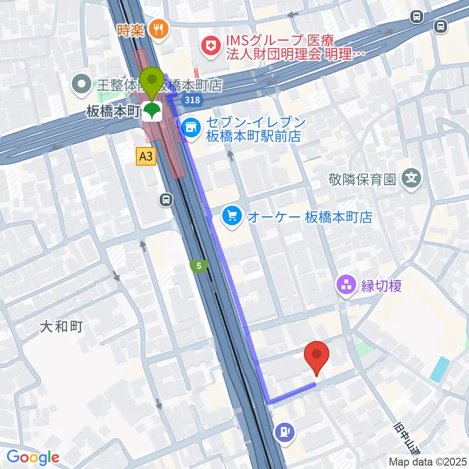 アルス音楽院の最寄駅板橋本町駅からの徒歩ルート（約5分）地図