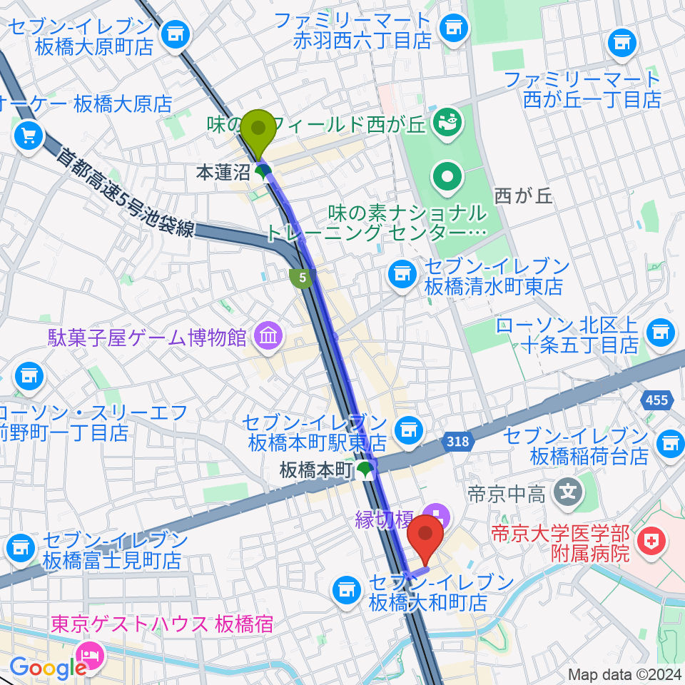 本蓮沼駅からアルス音楽院へのルートマップ地図