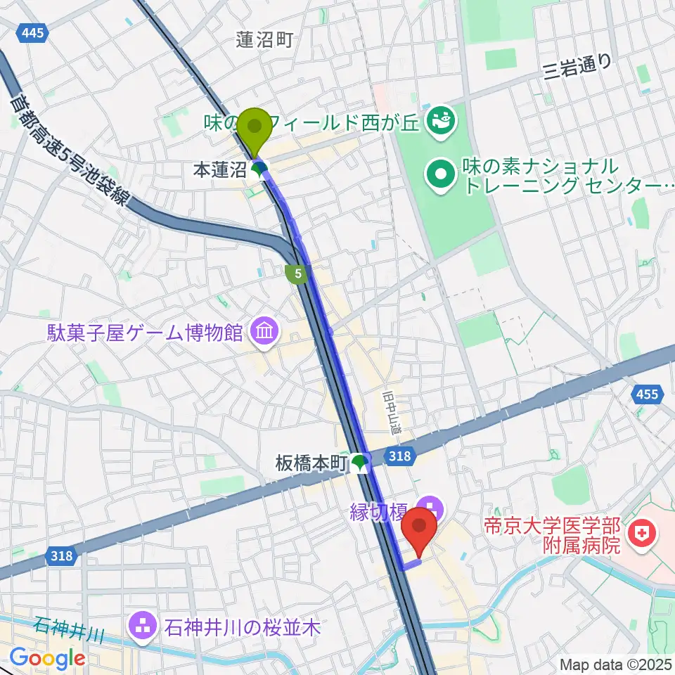 本蓮沼駅からアルス音楽院へのルートマップ地図