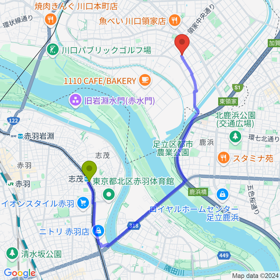 志茂駅から大島楽器へのルートマップ地図