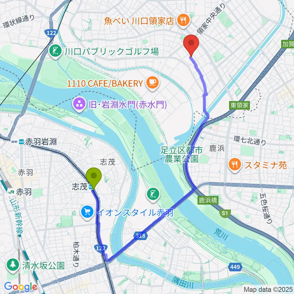 志茂駅から大島楽器へのルートマップ地図