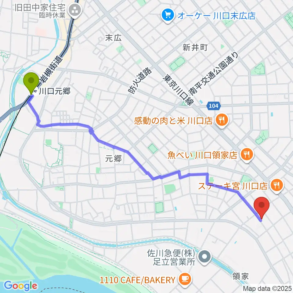 大島楽器の最寄駅川口元郷駅からの徒歩ルート（約28分）地図
