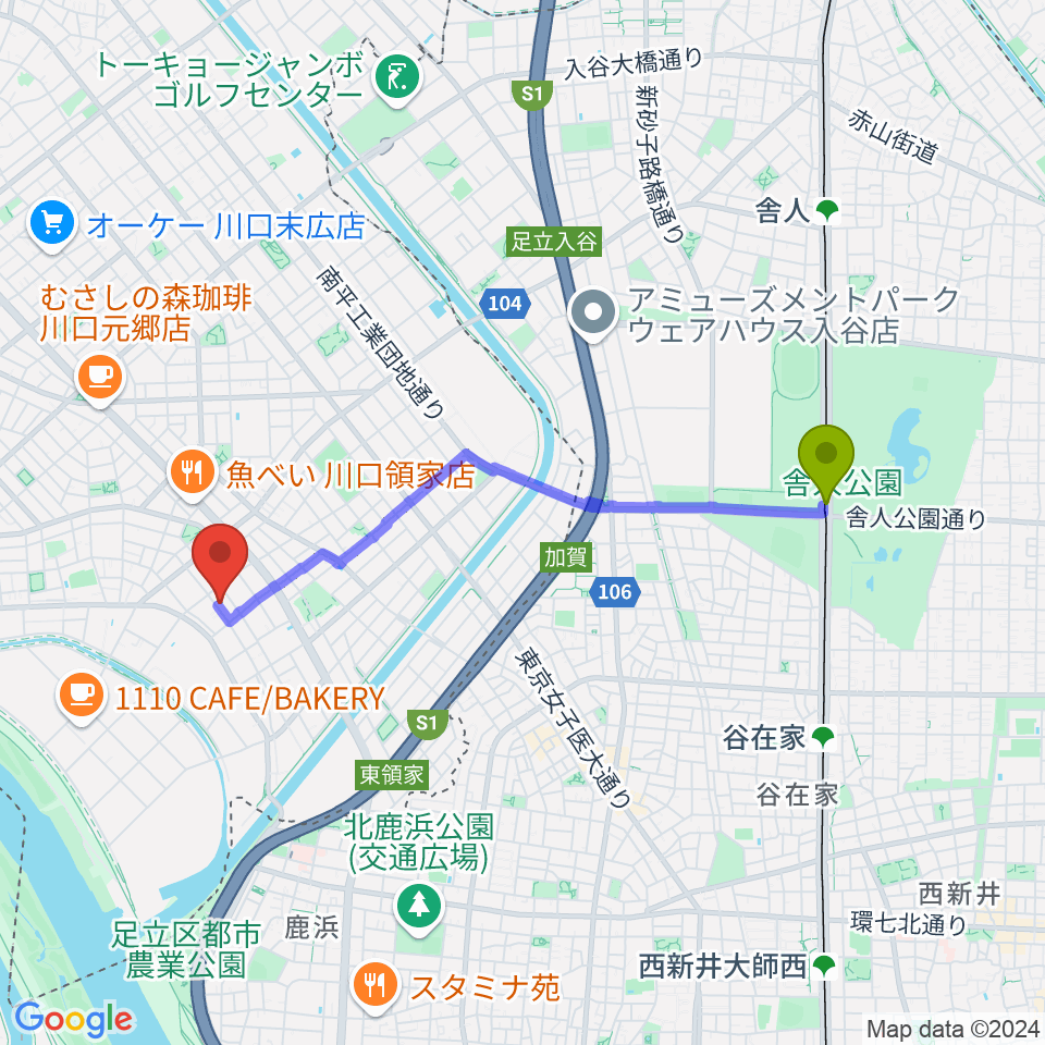 舎人公園駅から大島楽器へのルートマップ地図