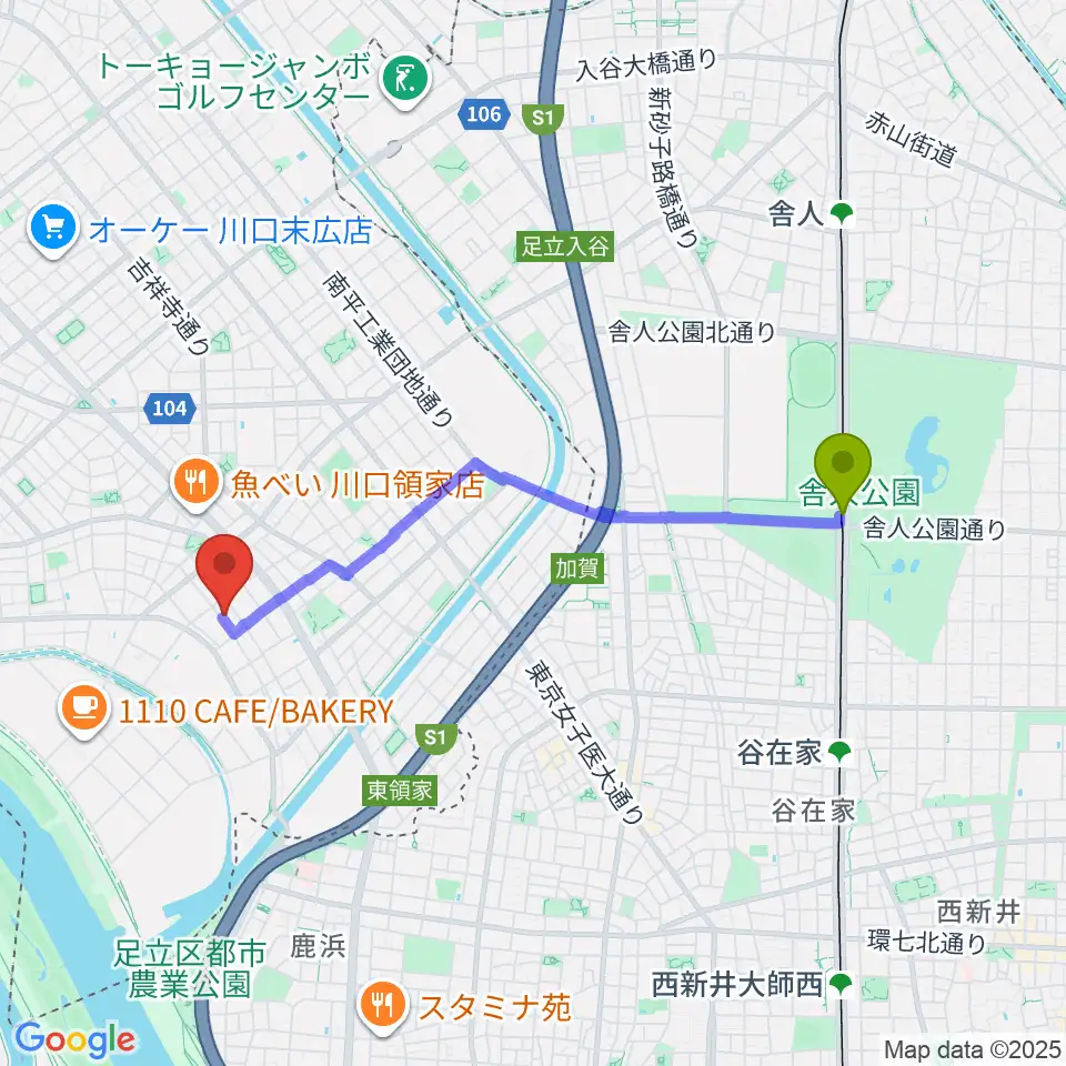 舎人公園駅から大島楽器へのルートマップ地図