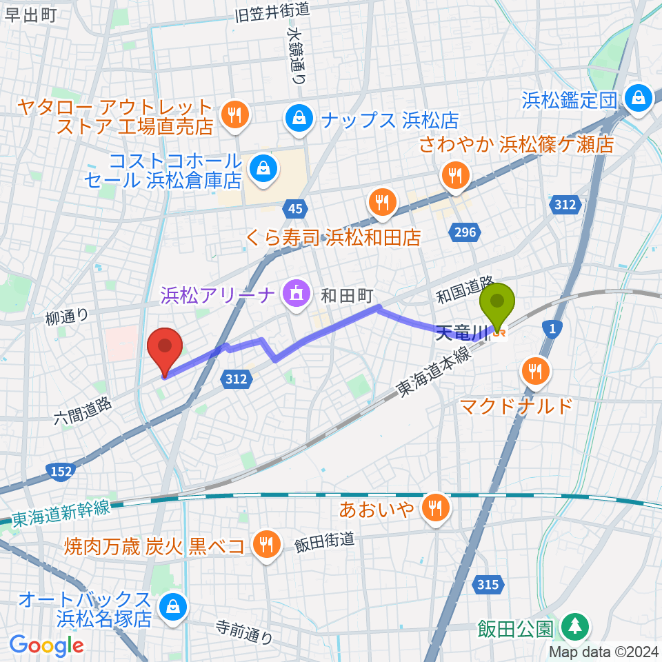 音楽教室キューズランドの最寄駅天竜川駅からの徒歩ルート（約32分）地図