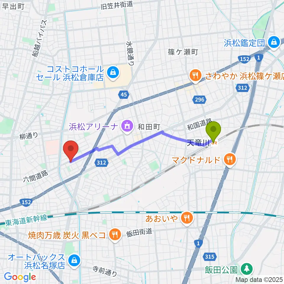 音楽教室キューズランドの最寄駅天竜川駅からの徒歩ルート（約32分）地図