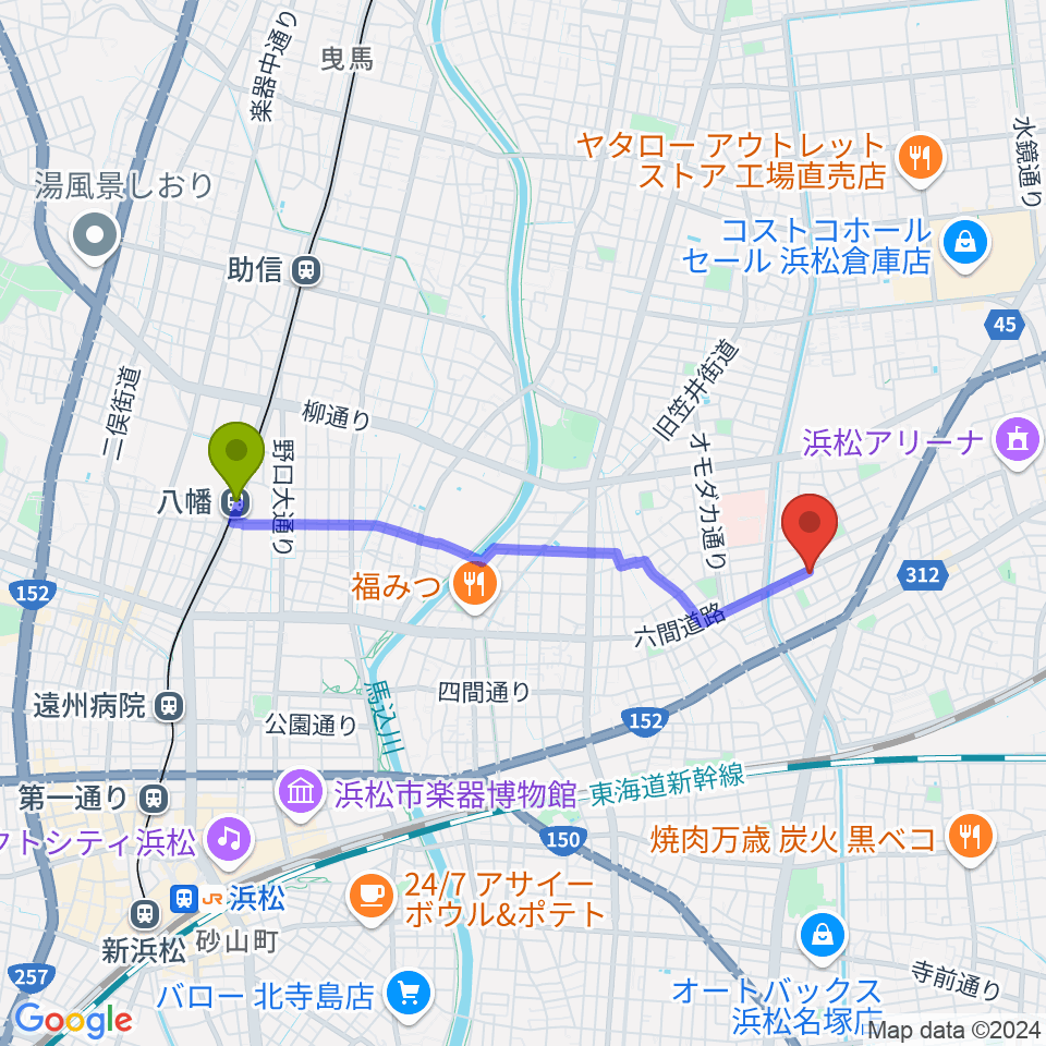 八幡駅から音楽教室キューズランドへのルートマップ地図