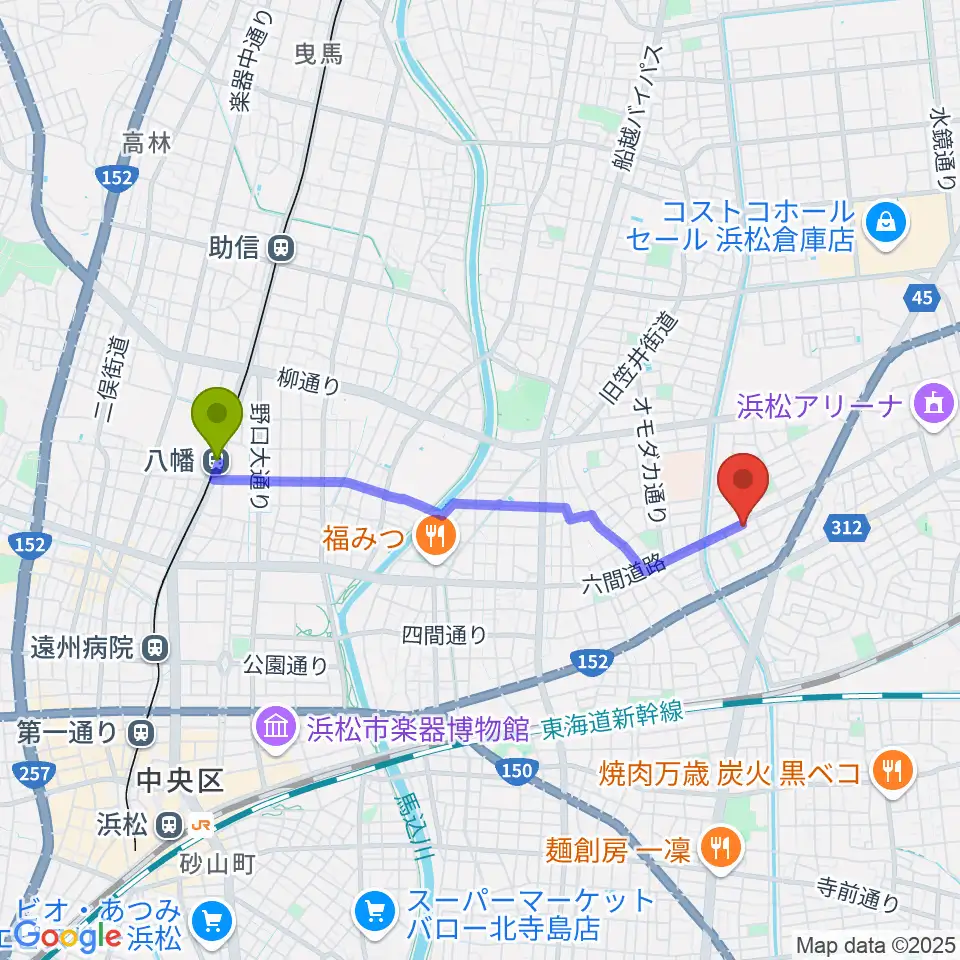 八幡駅から音楽教室キューズランドへのルートマップ地図