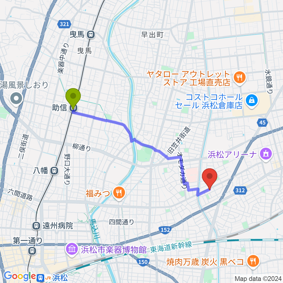 助信駅から音楽教室キューズランドへのルートマップ地図