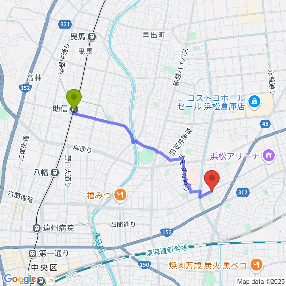 助信駅から音楽教室キューズランドへのルートマップ地図