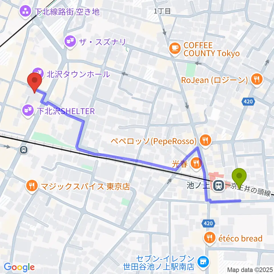 池ノ上駅から下北沢アンダーニースへのルートマップ地図