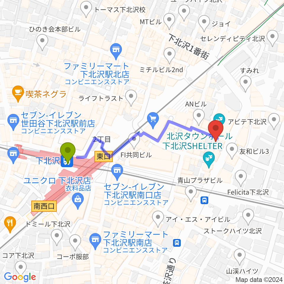 下北沢アンダーニースの最寄駅下北沢駅からの徒歩ルート（約4分）地図