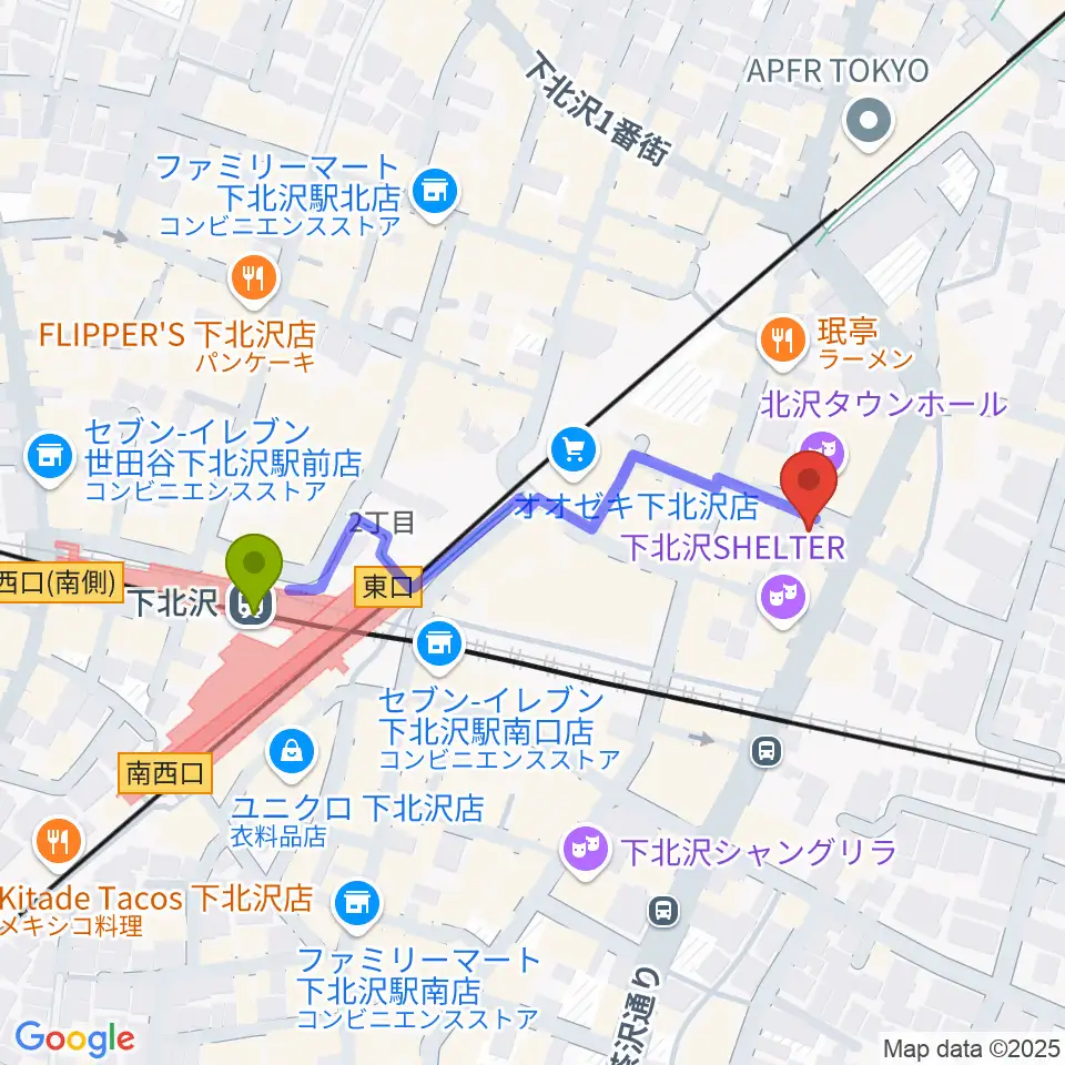 下北沢アンダーニースの最寄駅下北沢駅からの徒歩ルート（約4分）地図