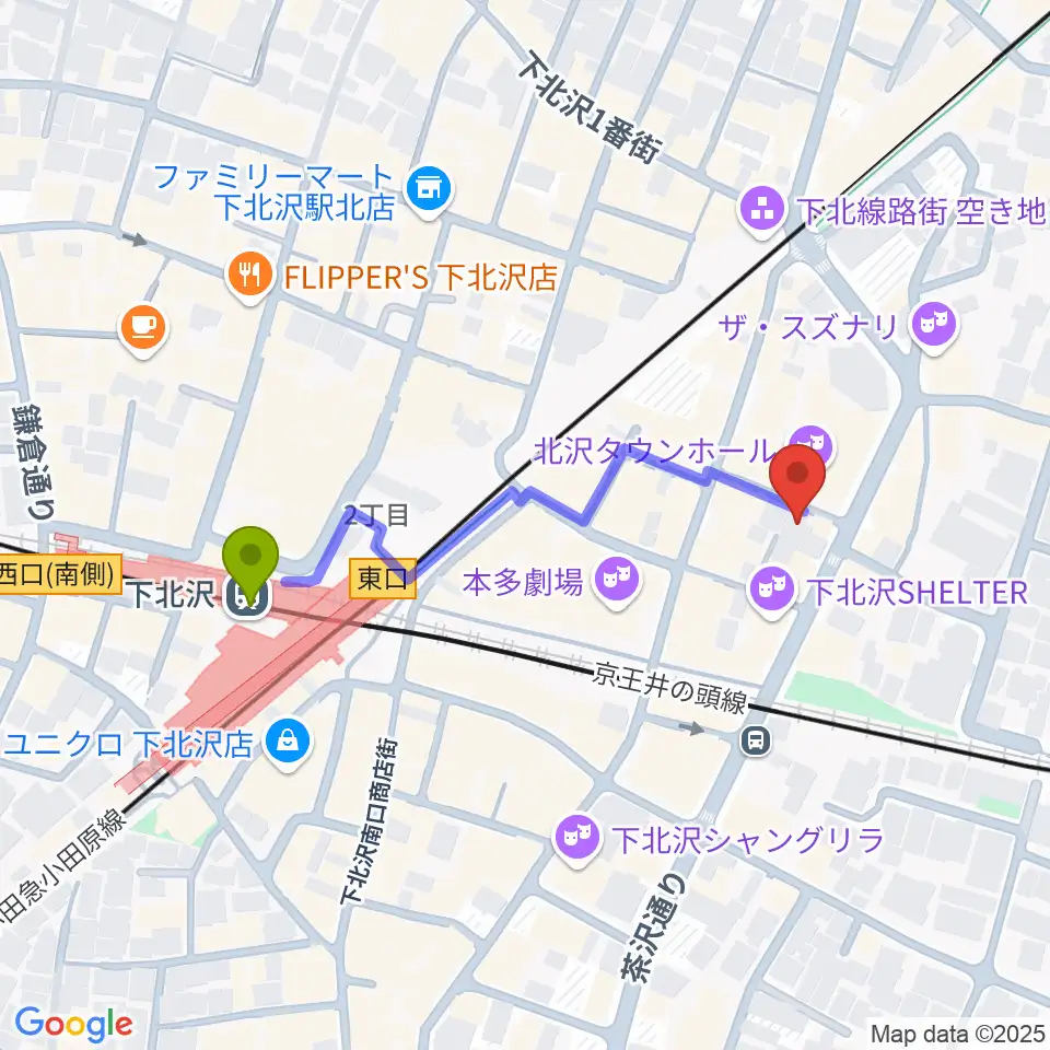 下北沢アンダーニースの最寄駅下北沢駅からの徒歩ルート（約4分）地図