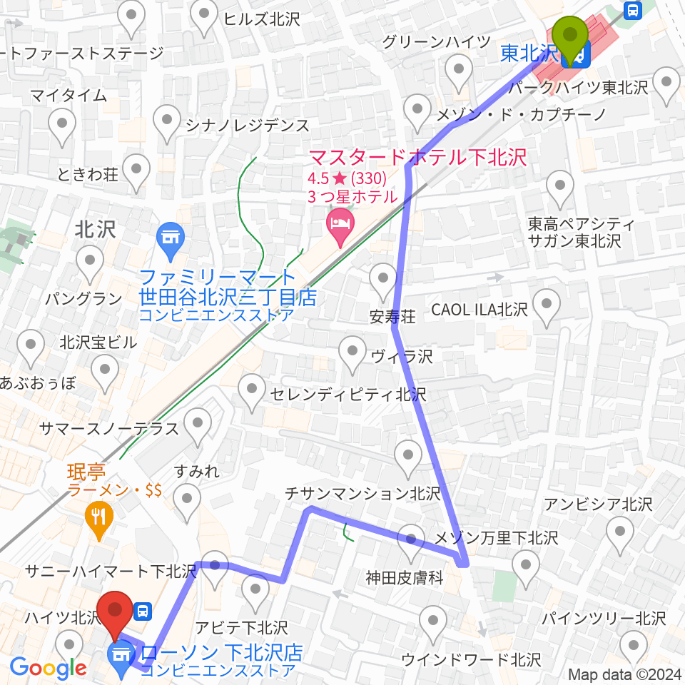 東北沢駅から下北沢アンダーニースへのルートマップ地図