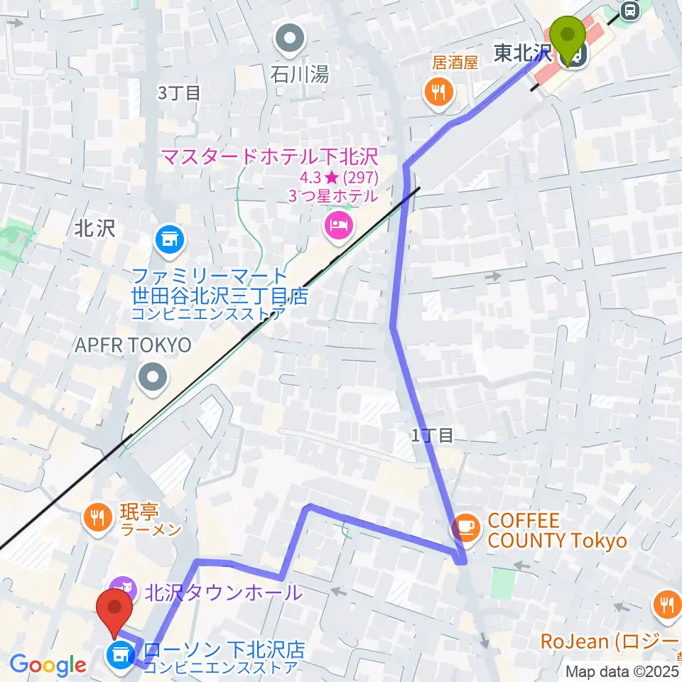 東北沢駅から下北沢アンダーニースへのルートマップ地図
