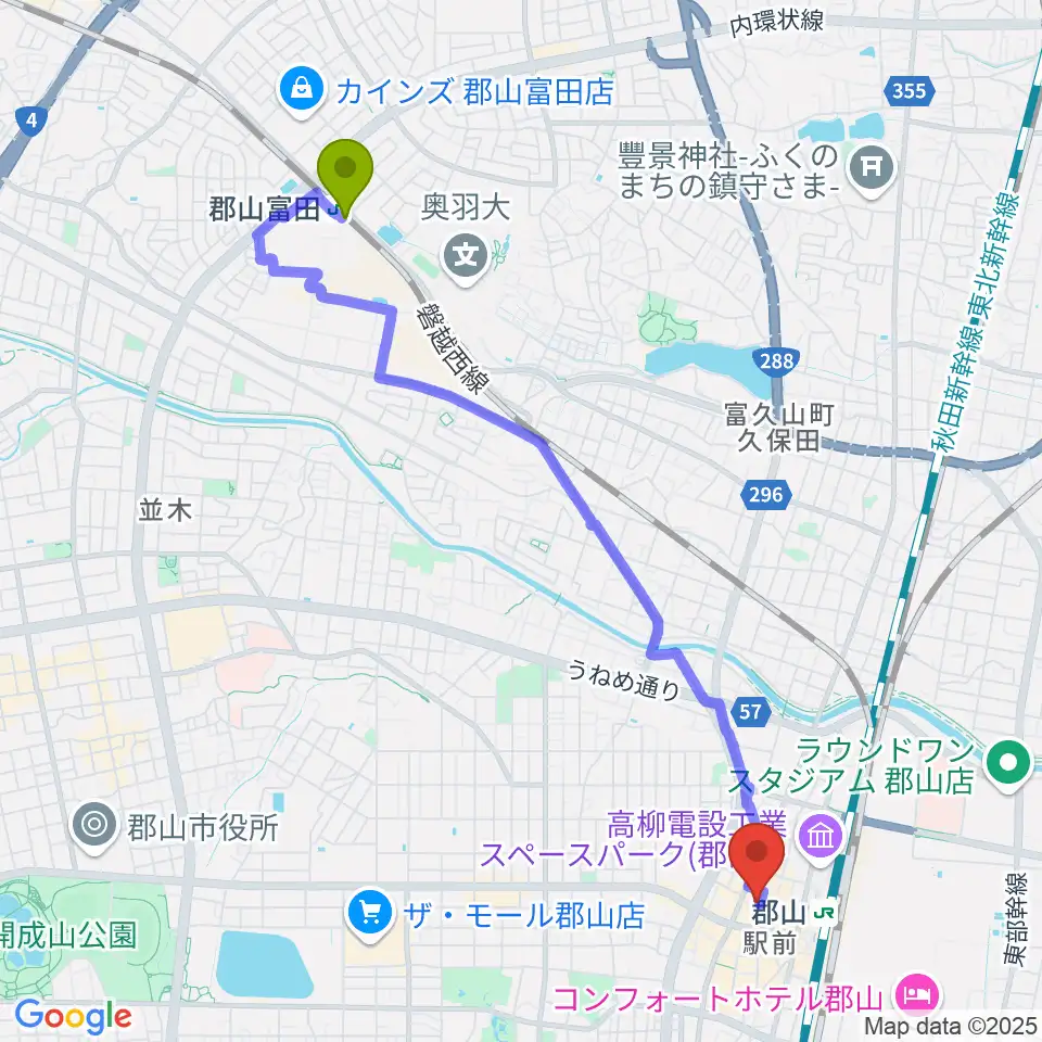 郡山富田駅から郡山CLUB＃９へのルートマップ地図