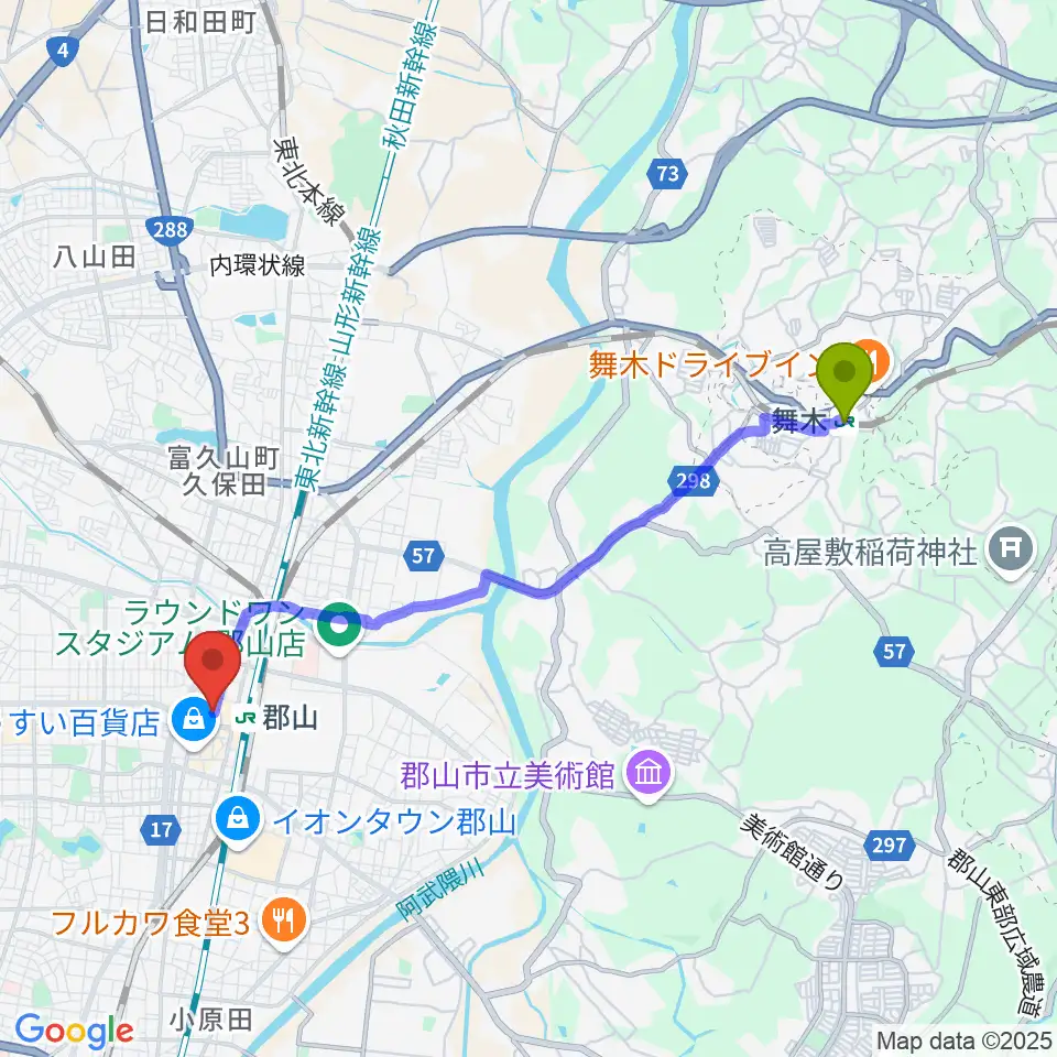 舞木駅から郡山CLUB＃９へのルートマップ地図