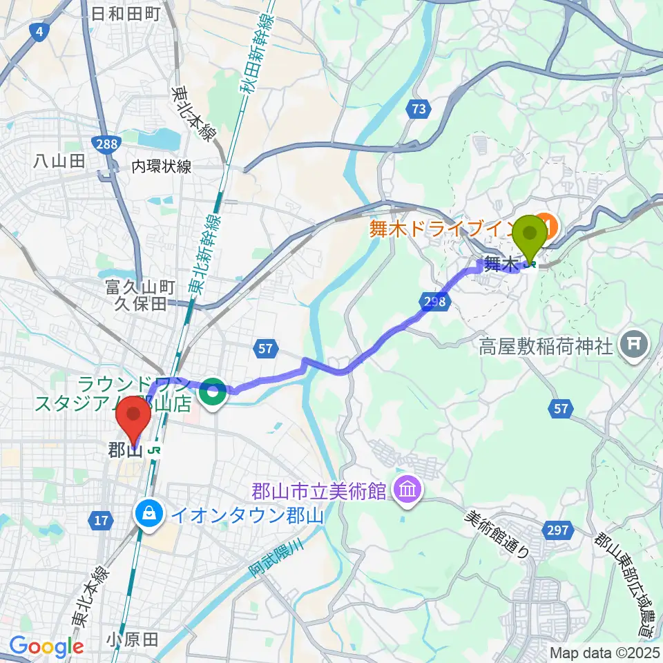 舞木駅から郡山CLUB＃９へのルートマップ地図