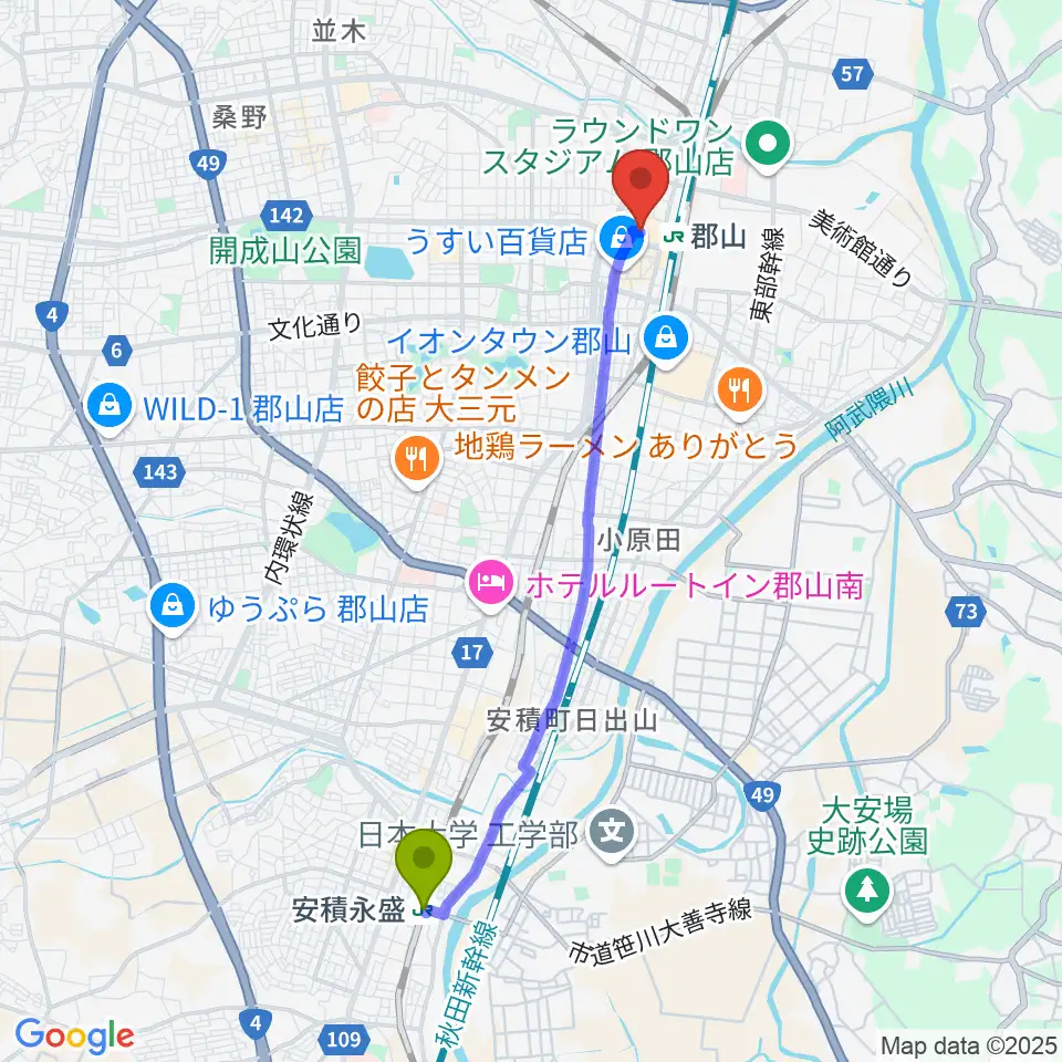 安積永盛駅から郡山CLUB＃９へのルートマップ地図