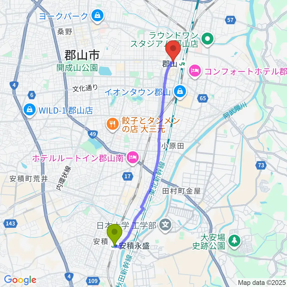 安積永盛駅から郡山CLUB＃９へのルートマップ地図
