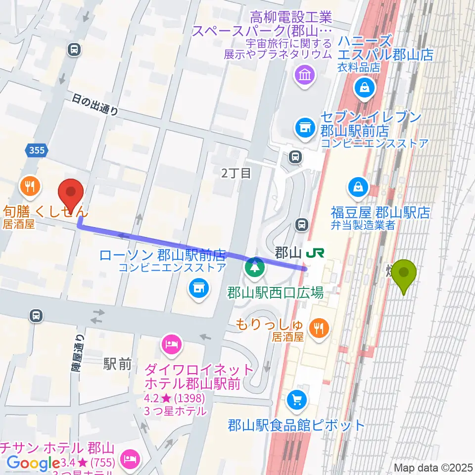 郡山CLUB＃９の最寄駅郡山駅からの徒歩ルート（約5分）地図