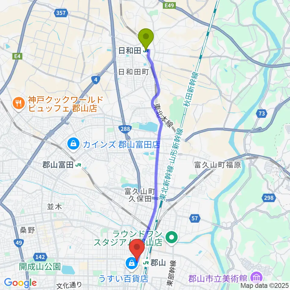 日和田駅から郡山CLUB＃９へのルートマップ地図