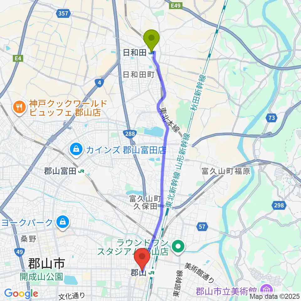 日和田駅から郡山CLUB＃９へのルートマップ地図