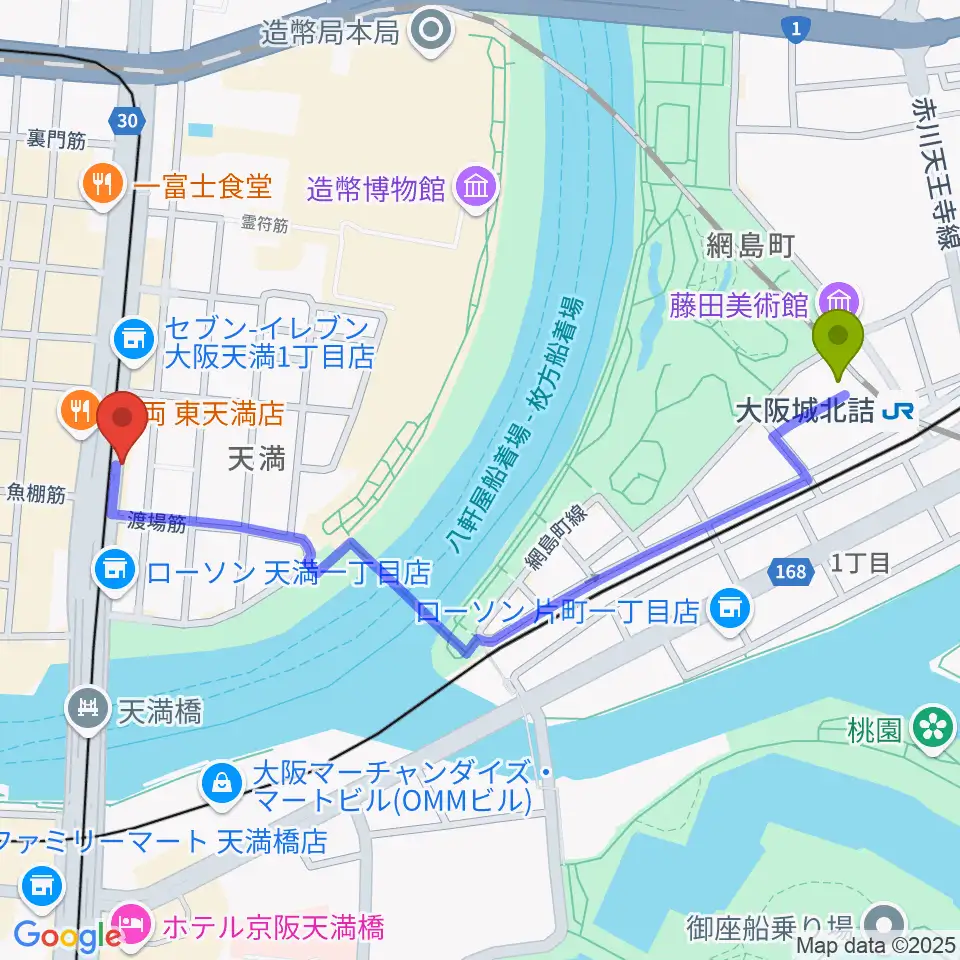 大阪城北詰駅から天満RAW TRACKSへのルートマップ地図