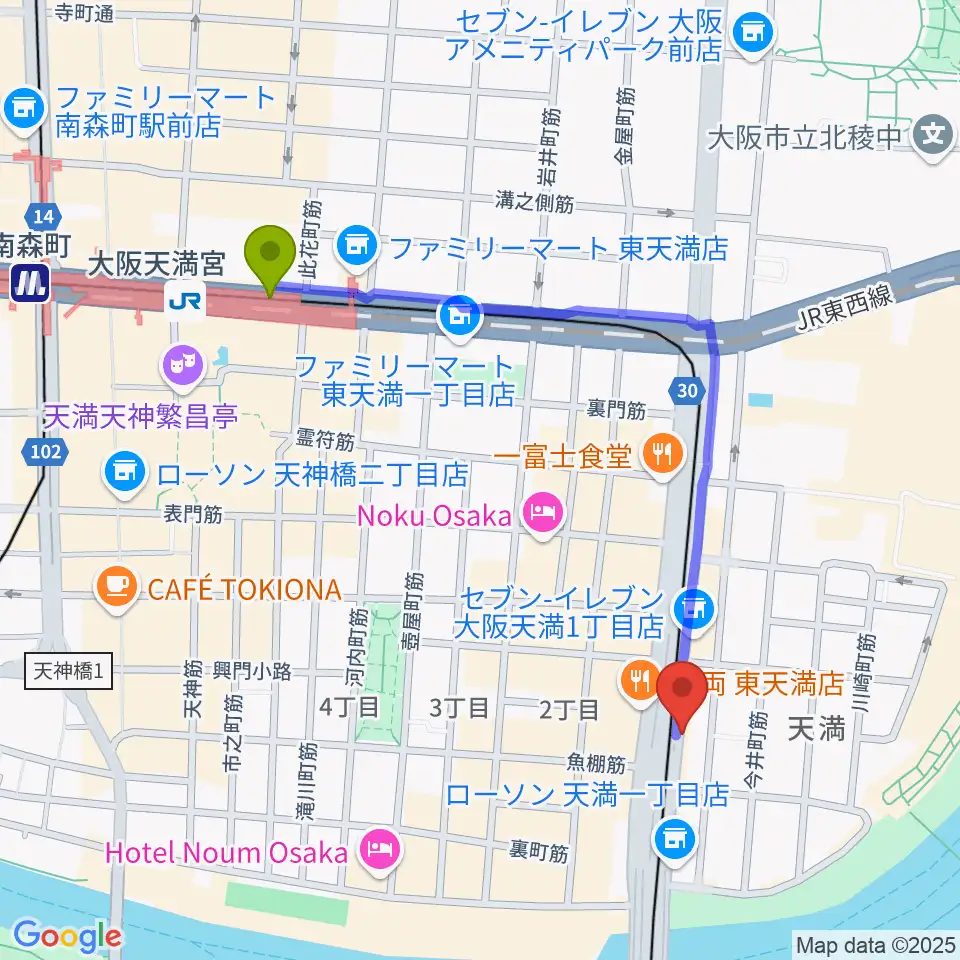 大阪天満宮駅から天満RAW TRACKSへのルートマップ地図