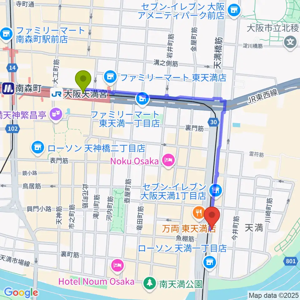 大阪天満宮駅から天満RAW TRACKSへのルートマップ地図