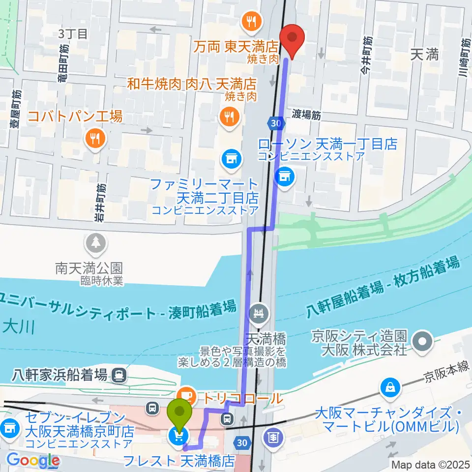 天満RAW TRACKSの最寄駅天満橋駅からの徒歩ルート（約6分）地図