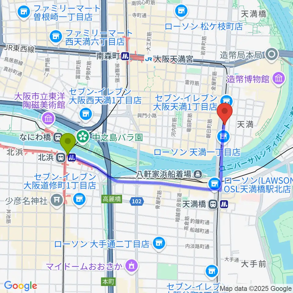 北浜駅から天満RAW TRACKSへのルートマップ地図