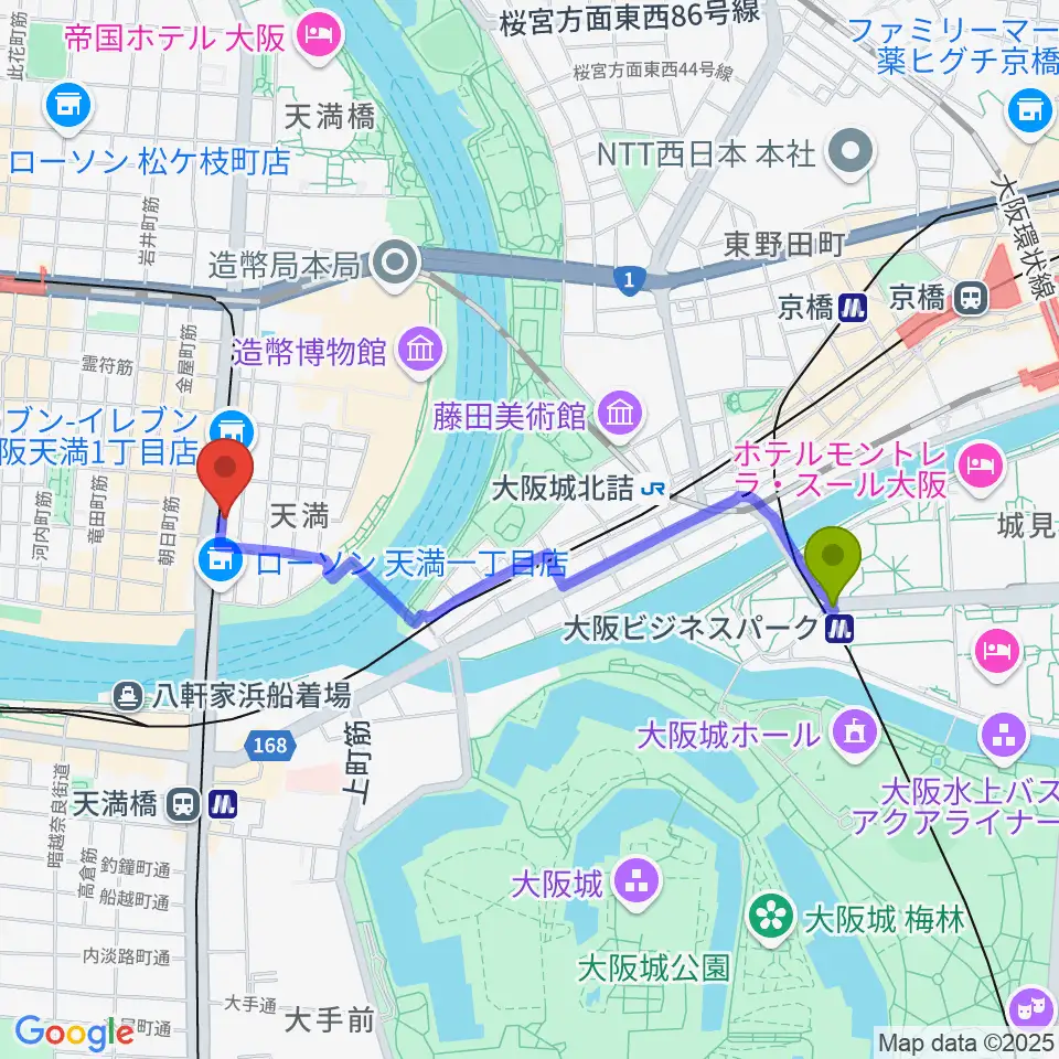 大阪ビジネスパーク駅から天満RAW TRACKSへのルートマップ地図