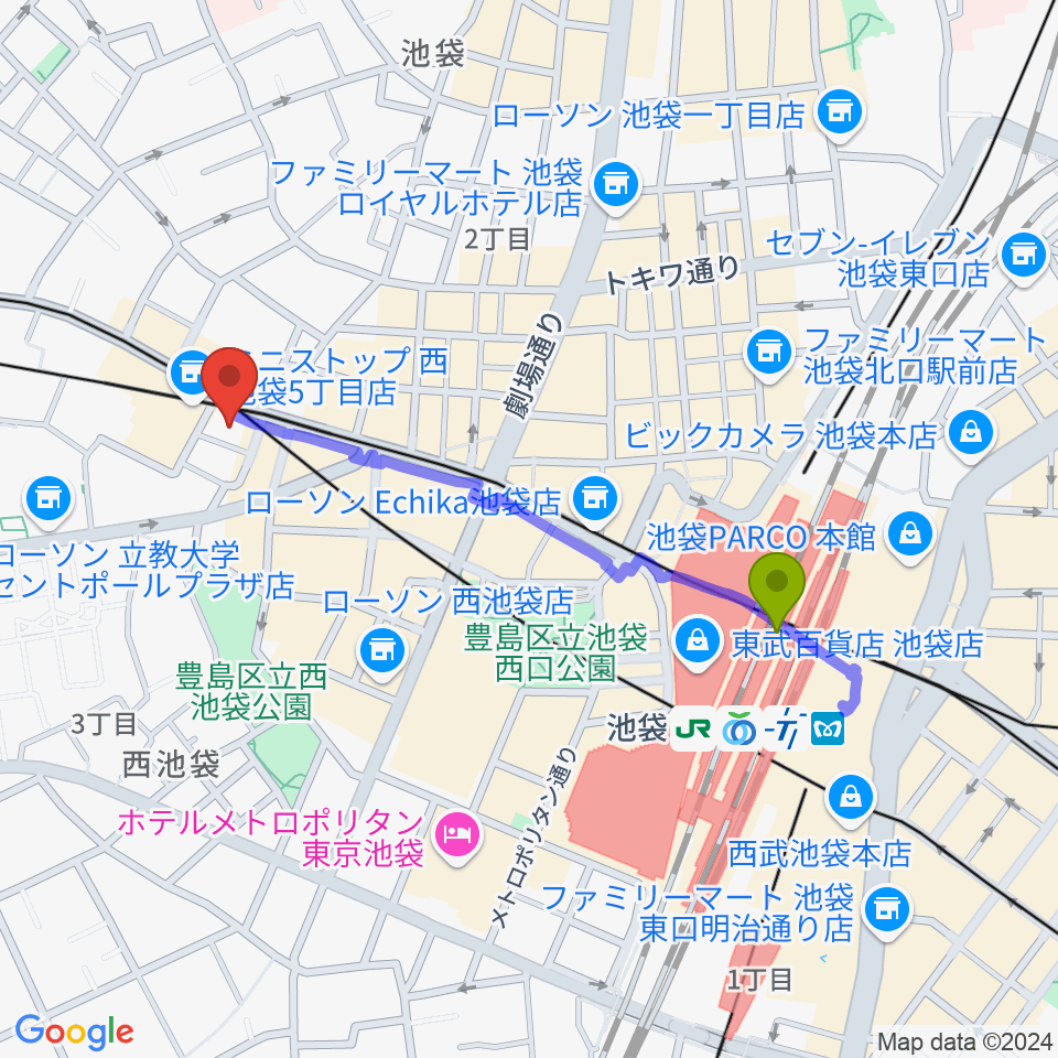 Beeボーカルスクール池袋本校の最寄駅池袋駅からの徒歩ルート（約9分）地図