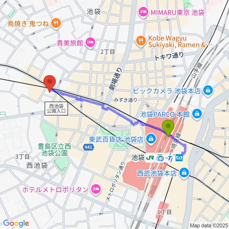 Beeボーカルスクール池袋本校の最寄駅池袋駅からの徒歩ルート（約9分）地図