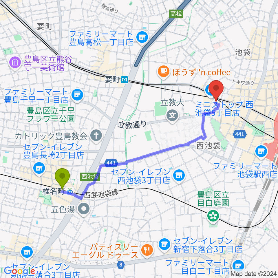 椎名町駅からBeeボーカルスクール池袋本校へのルートマップ地図