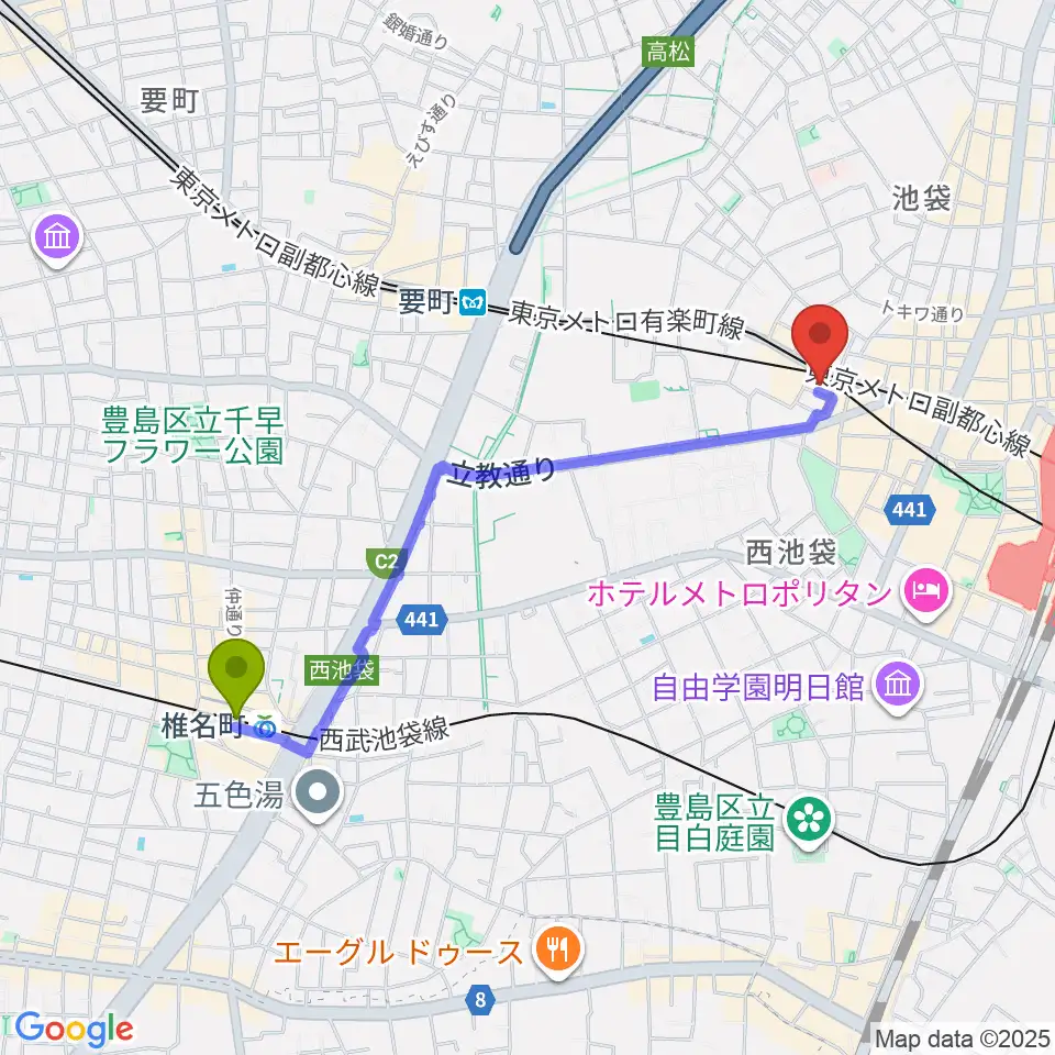 椎名町駅からBeeボーカルスクール池袋本校へのルートマップ地図