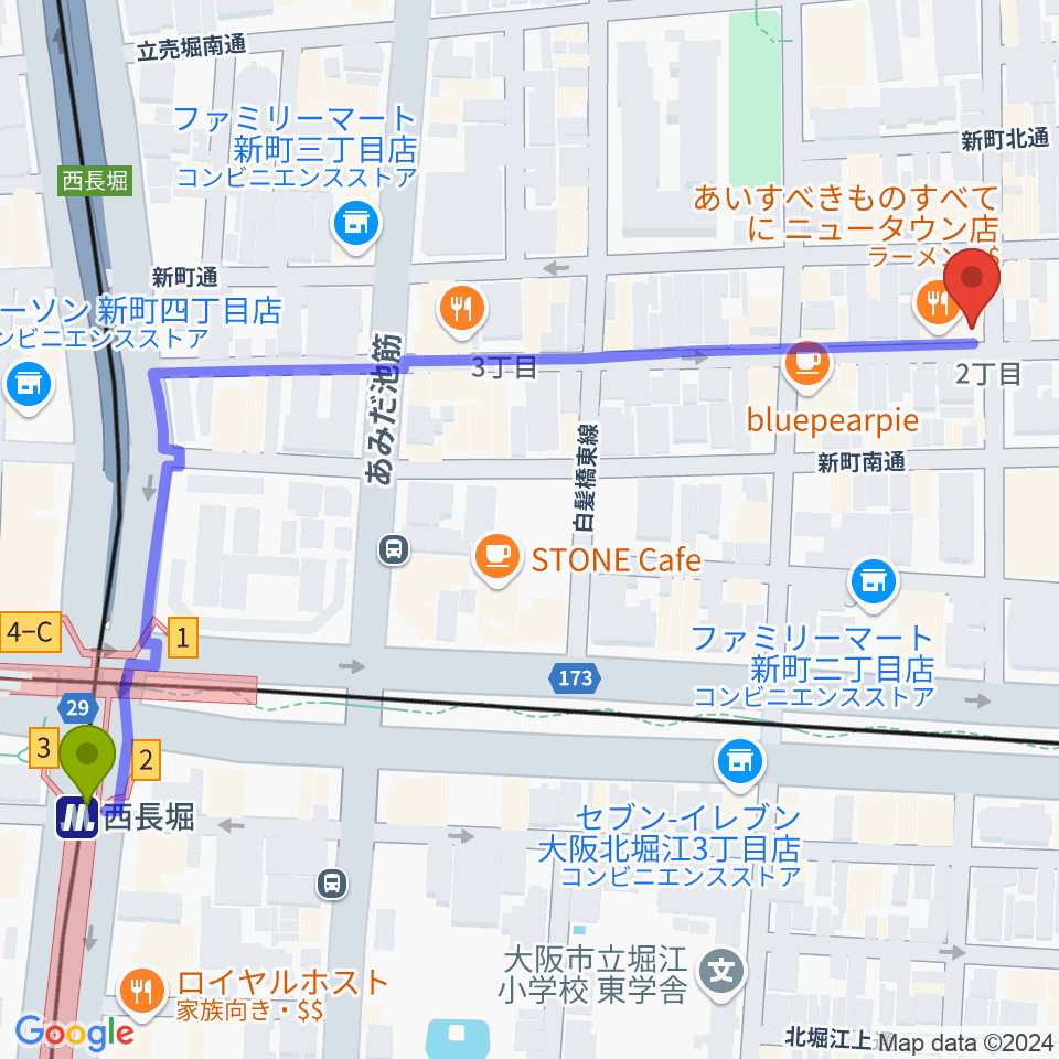 西長堀駅からMUSICA VITA音楽教室 新町校へのルートマップ地図