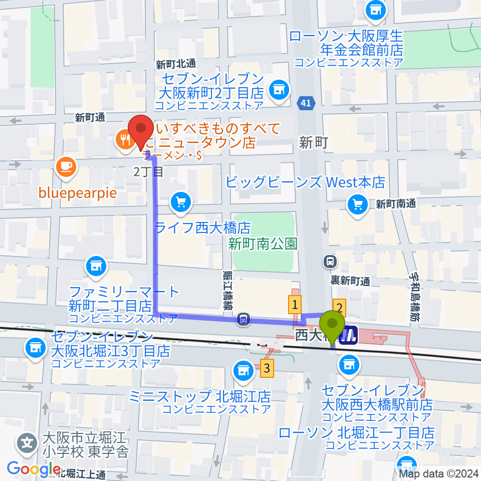 MUSICA VITA音楽教室 新町校の最寄駅西大橋駅からの徒歩ルート（約4分）地図