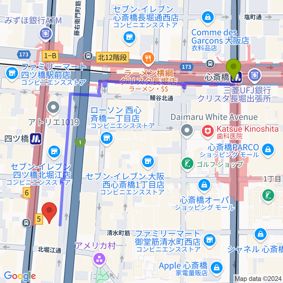 心斎橋駅からVocal Space B 大阪四ツ橋校へのルートマップ地図