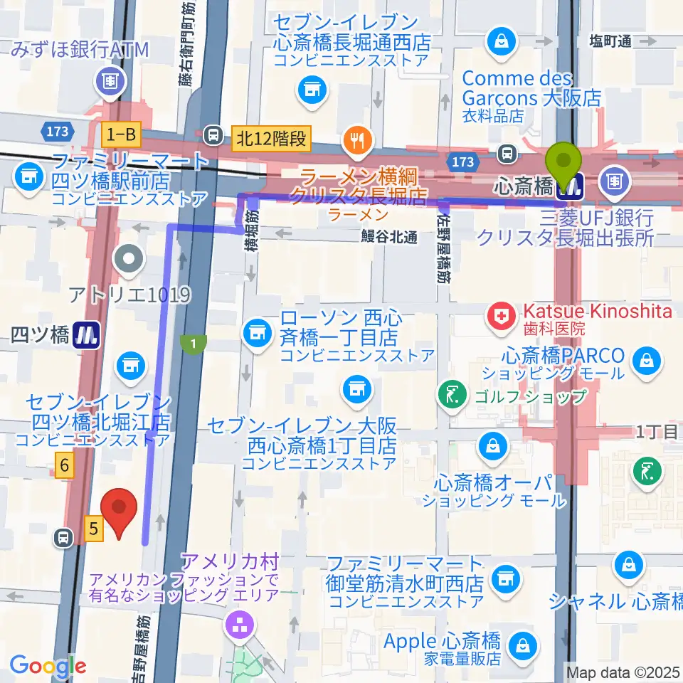 心斎橋駅からVocal Space B 大阪四ツ橋校へのルートマップ地図