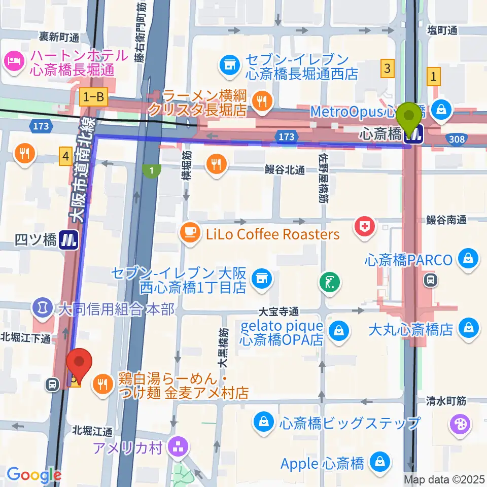 心斎橋駅からVocal Space Bへのルートマップ地図