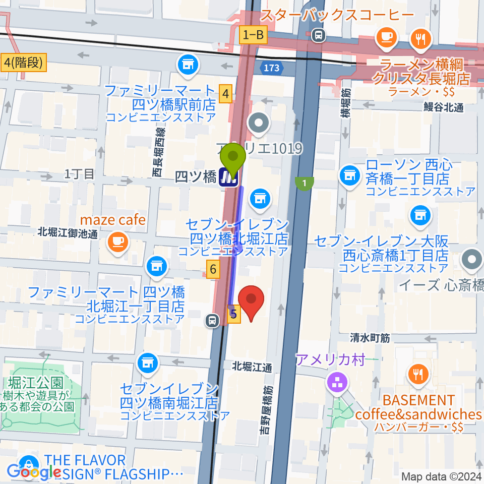 Vocal Space B 大阪四ツ橋校の最寄駅四ツ橋駅からの徒歩ルート（約2分）地図