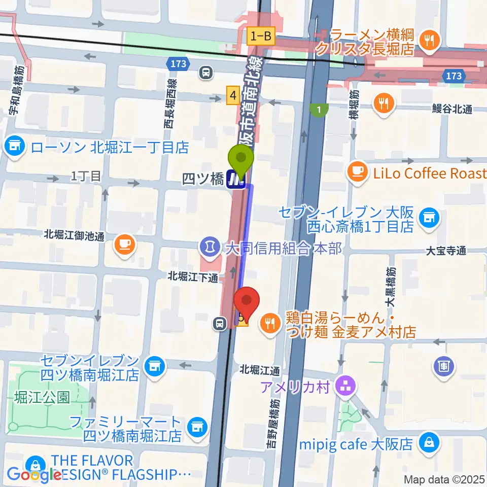 Vocal Space Bの最寄駅四ツ橋駅からの徒歩ルート（約2分）地図
