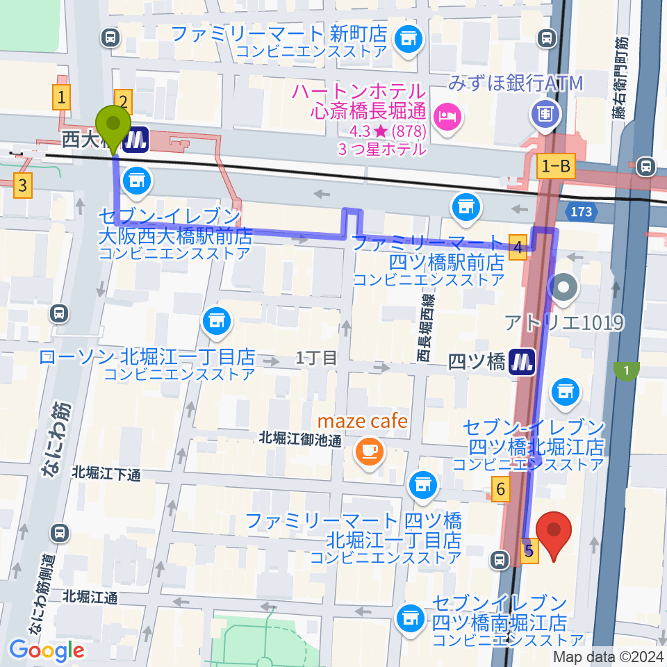 西大橋駅からVocal Space B 大阪四ツ橋校へのルートマップ地図